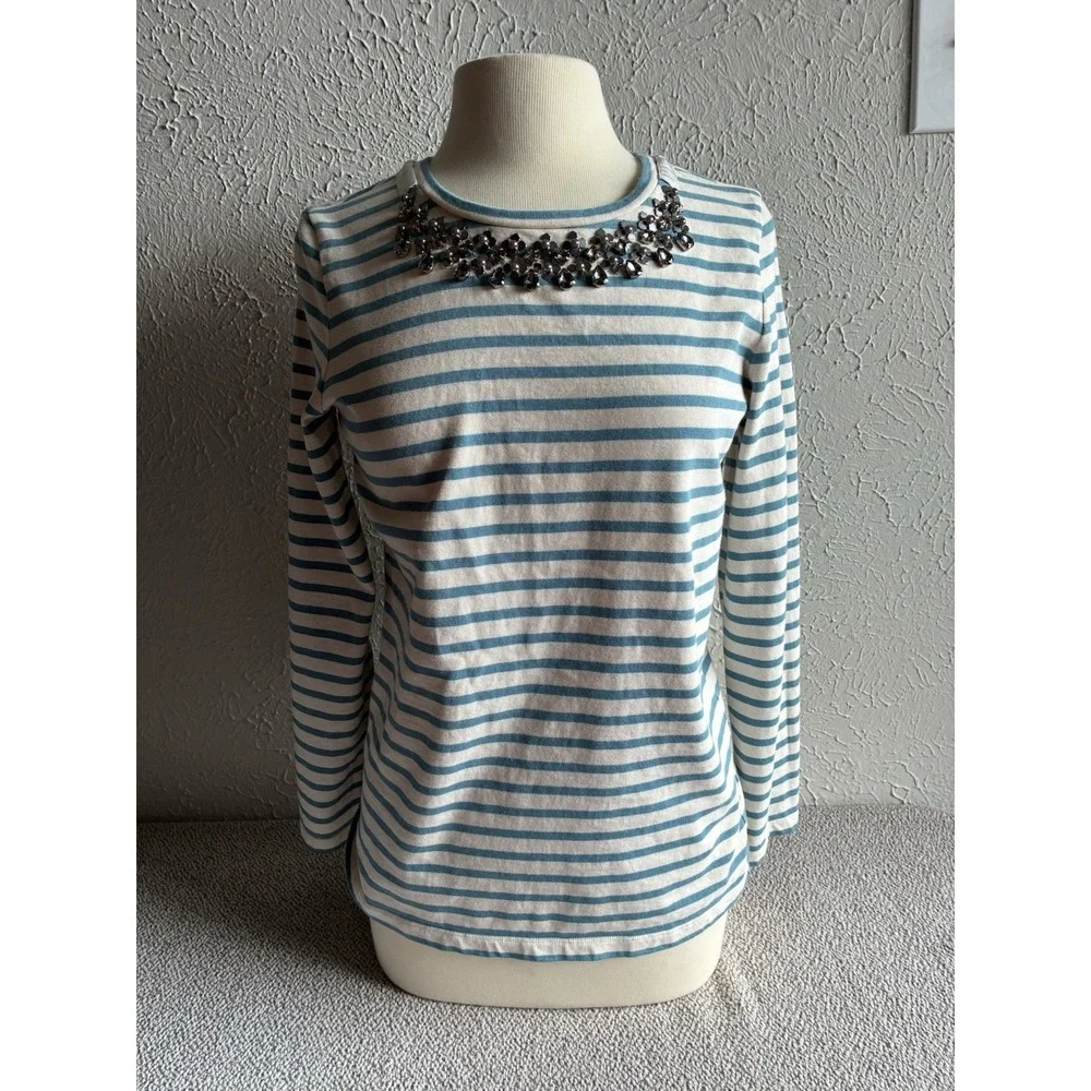 Tory Burch Embellished Striped Top Blue Cream Preppy Nautical Size S - Picture 9 of 14